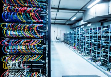 Bitcoin and crypto mining farm. Big data center. High tech server computers at work