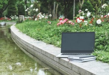 Remote learning.Back to school.Girl student studying travel,education elearning,workation, WFVH, education remotely,work travel,Van Life vibes, digital connectivity,work remotely,traveling